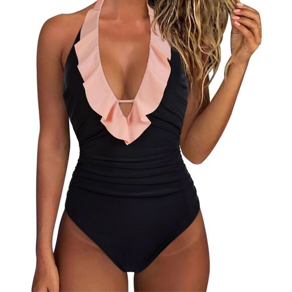 NWOT Small Women Sexy Halter One Piece Swimsuits Ruffle Tummy Control Bathing Su - Picture 1 of 13